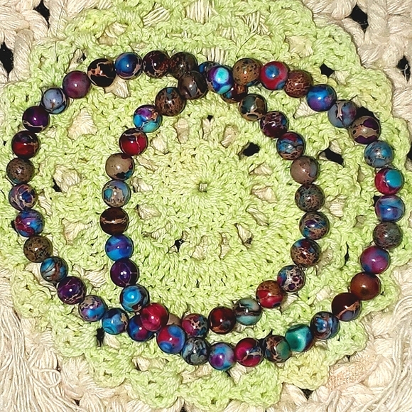 Set of 2 handmade Sea Sediment Jasper Turquoise natural stone bead bracelets. - Picture 3 of 6